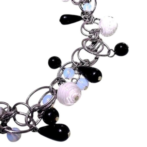 80's Retro Necklace Glass Bead Charms Silver tone Chain - Picture 3 of 5